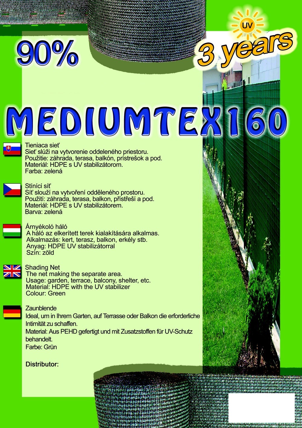 Árnyékoló, belátásgátló háló MEDIUMTEX 90% 160g/m2 1,2x50m tekercs zöld